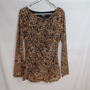 Women's Designer DKNY Snake Print Long Sleeve Sheer with Liner Blouse Size Large